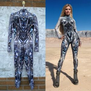 Candy Catz Cyber Diamond Print Jumpsuit | Avant-Garde Rave Bodysuit | L